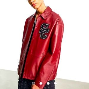 New ASOS DESIGN oversized real leather varsity harrington jacket in burgundy